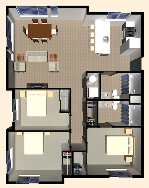 Floor plan for 3 beds, 2 baths, 1205 sqft